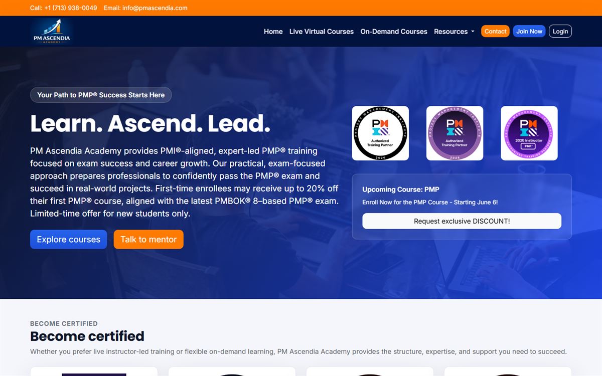 لقطة من موقع PM Ascendia Academy — منصة تدريب PMP — تنفيذ Egypt Code